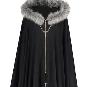 Faux Fur Insert Zip up Asymmetrical Hooded Coat